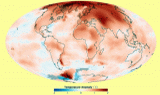 Earth map: global warming in red colors caused by burning fossil fuels, causing different types of pollution - plant growth of millions years to create fossil fuels, humans burn fossil fuels fast - Global warming caused by international air pollution. Global warming outcome: violent weather, hurricanes, world wide floods, low air quality, tsunamis, human illnesses, food shortage
